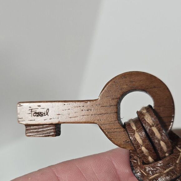 Fossil Shoulder Bag Natural Woven Fabric Paisley Leather Brown Beige Wooden Key - Picture 5 of 13